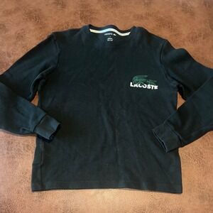 Lacoste Mens Small Black Waffle Knit Sleepwear Shirt Embroidered Logo